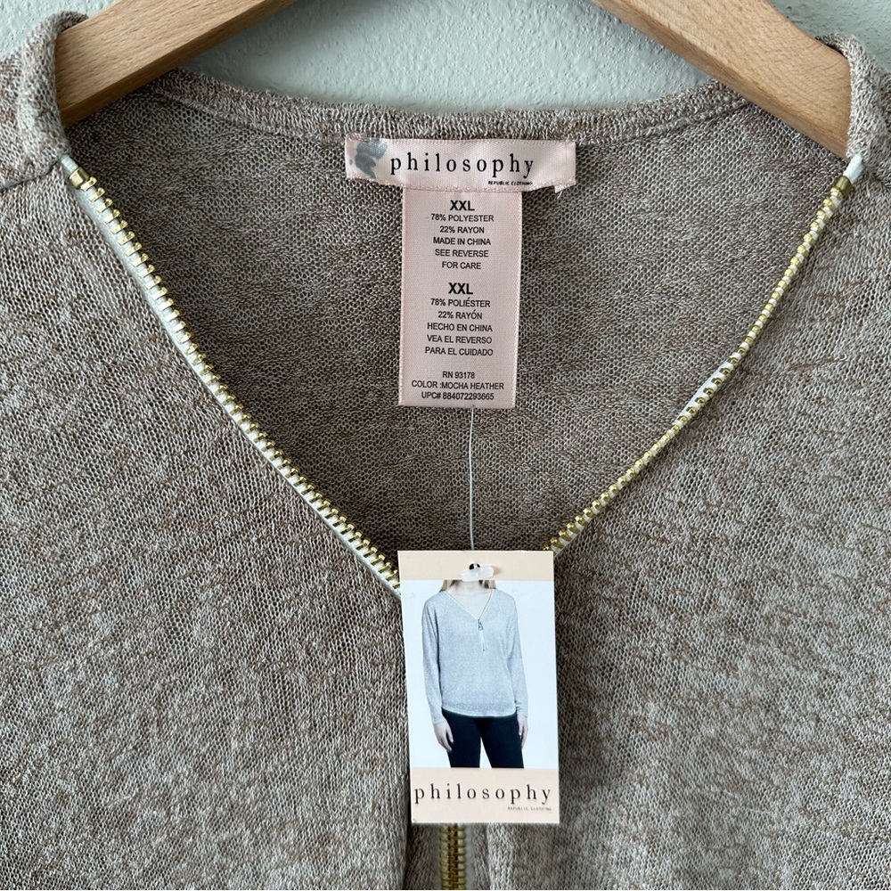 NWT Philosophy Dolman Zip Long Sleeve Top Mocha Heather Size XXL - Picture 4 of 12